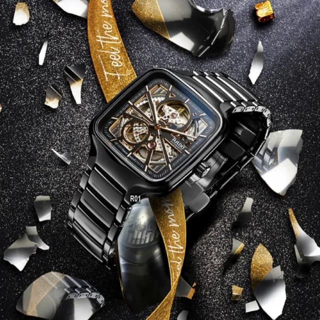 【Rado 雷達表】廣告熱賣款 True Square真方鏤空機械腕錶 黑金款-加8重豪禮 R01(R27086162)