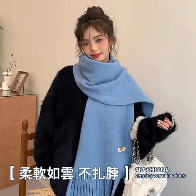 【The Rare】韓版純色流蘇秋冬圍巾女 加絨加厚保暖圍脖 針織圍巾(聖誕交換禮物)
