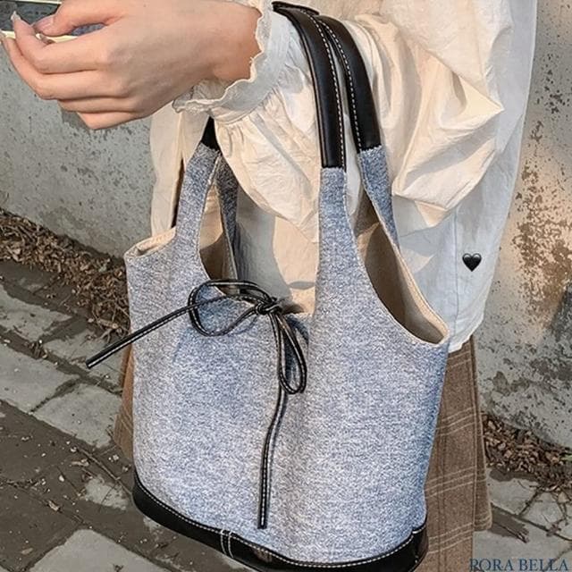 【Porabella】蝴蝶結簡約休閒手拿包 牛仔帆布包單肩包托特包 ins風 送女友 情人節禮物首選 Denim Bag