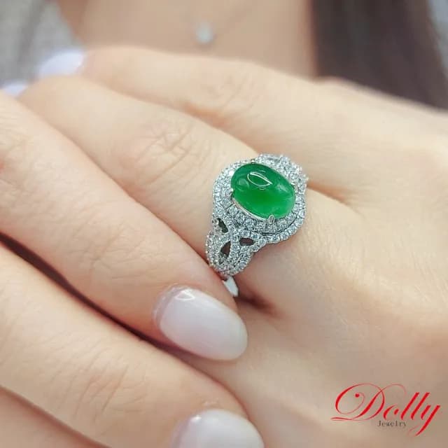 【DOLLY】18K金 緬甸冰種陽綠A貨翡翠鑽石戒指(母親節 長輩送禮 交換禮物首選)