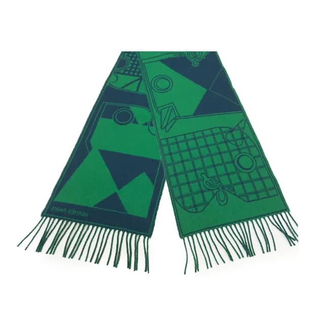 【Hermes 愛馬仕】H394800T 04 經典羊毛Camails Jacquard雙面編織流蘇圍巾(綠色)