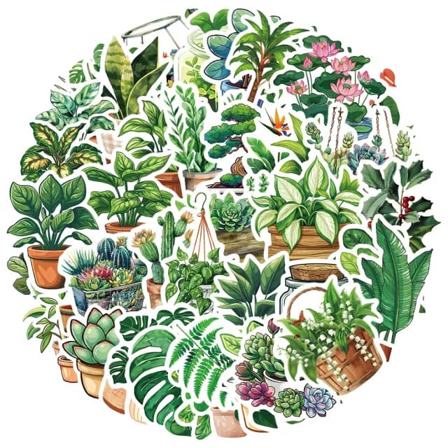 【Paper Play】創意多用途防水貼紙-小清新綠色植物盆栽塗鴉 50枚入(防水貼紙 行李箱貼紙 手機貼紙)