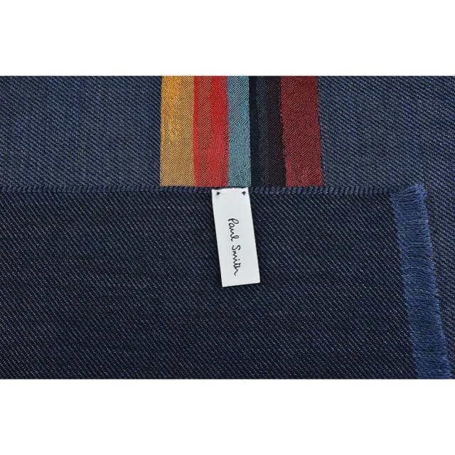 【Paul Smith】PAUL SMITH中間彩色條紋標籤LOGO流蘇設計羊毛混紡圍巾(海軍藍x彩色條紋)