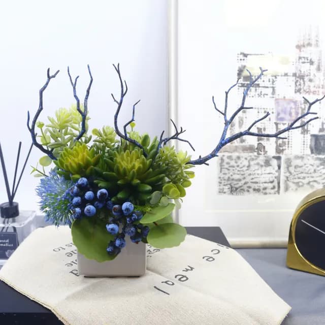 【HUGO DECO 榆果傢飾】藍樹枝多肉香氛植栽(擬真植物/人造盆栽/綠化/佈置/禮物)