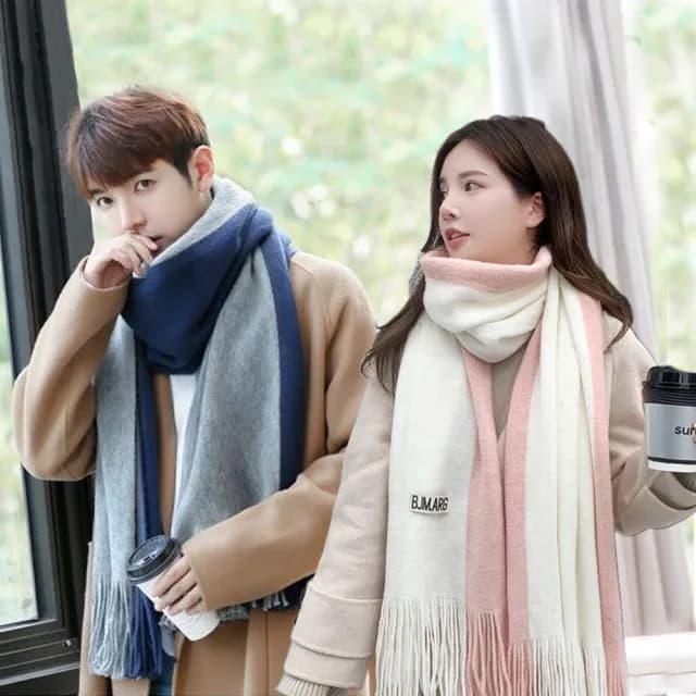 【YIN MY MIND】冬季時尚 韓版百搭拼接保暖柔感圍巾(保暖/男女/圍巾/披肩)