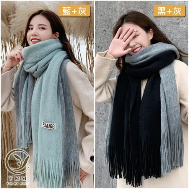 【YIN MY MIND】冬季時尚 韓版百搭拼接保暖柔感圍巾(保暖/男女/圍巾/披肩)