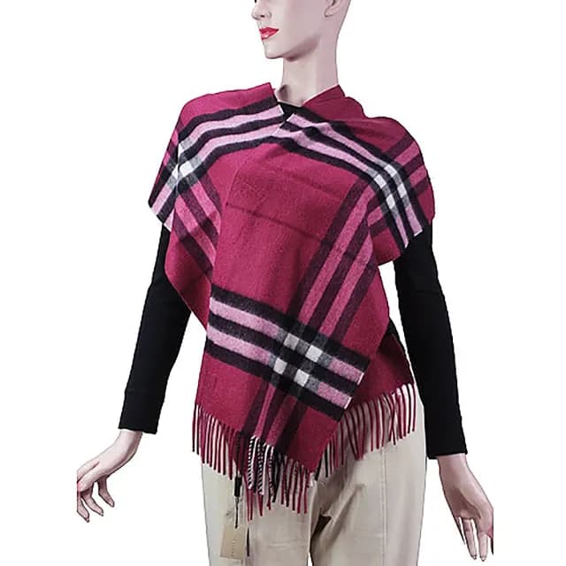 【BURBERRY 巴寶莉】經典大格紋喀什米爾羊毛圍巾/披巾(茜洋紅)