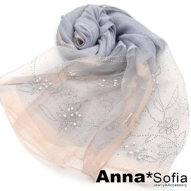 【AnnaSofia】真絲羊毛混紡大尺寸披肩絲巾圍巾-銀點花絮手工釘珠 現貨(灰系)