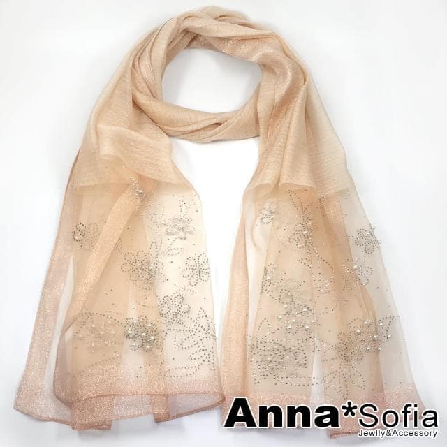 【AnnaSofia】真絲羊毛混紡大尺寸披肩絲巾圍巾-銀點花絮手工釘珠 現貨(杏系)
