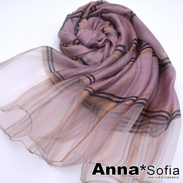 【AnnaSofia】真絲羊毛混紡大尺寸披肩絲巾圍巾-金絲線格紋 現貨(藕粉系)