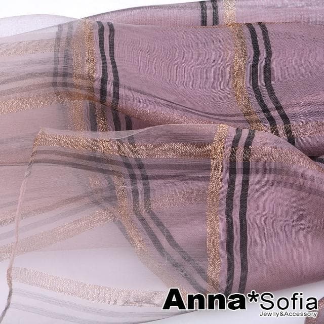 【AnnaSofia】真絲羊毛混紡大尺寸披肩絲巾圍巾-金絲線格紋 現貨(藕粉系)