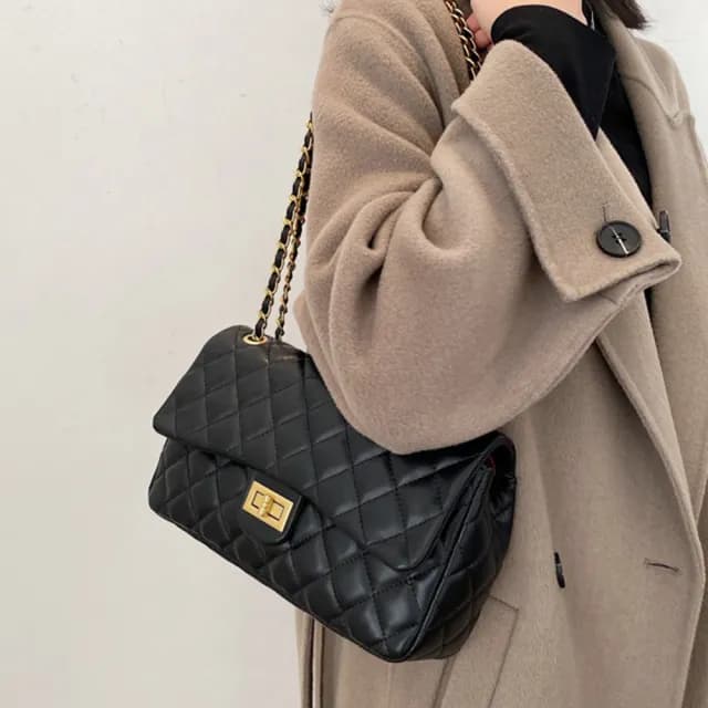 【LEESA】情人節禮物 黑色鏈條包包\小香風包包\鏈條包包\斜背包\小包包\菱格包\女士單肩包\小香風斜包包\小