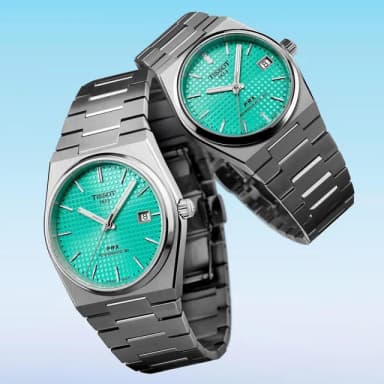 【TISSOT 天梭 官方授權】PRX機械對錶 情侶手錶-薄荷綠 男錶 畢業 禮物(T1374071109101+T1372071109101)