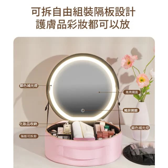 【SAMPA】NICELAND 圓鏡包 LED燈化妝包 帶鏡子燈光旅行包 化妝品收納包 補光燈化妝包(父親節禮物)