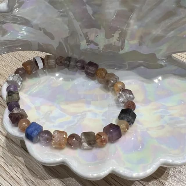 【Penny珮妮】巴西幽靈彩髮晶極光膠花天然多寶方糖手鍊7mm(母親節/送女友/送閨蜜/生日禮物/情人節)