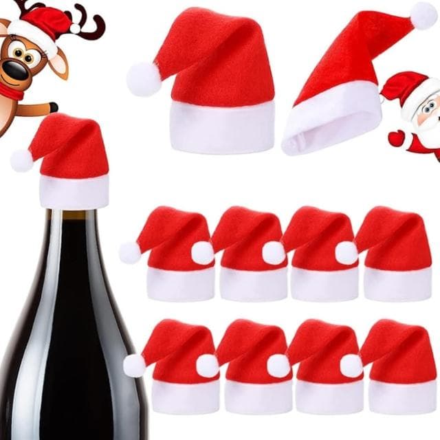 【橘魔法】（10入）迷你聖誕酒瓶套(裝飾品 帽套 酒瓶蓋 耶誕 餐具袋 餐具套 餐桌 廚房 晚宴 聖誕節禮物)