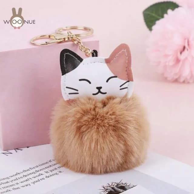 【WOONUE】高品質貓咪皮革絨毛球金桃花動物鑰匙圈扣掛飾(兒童女兒情人節朋友愛貓婚禮小物生日禮物)