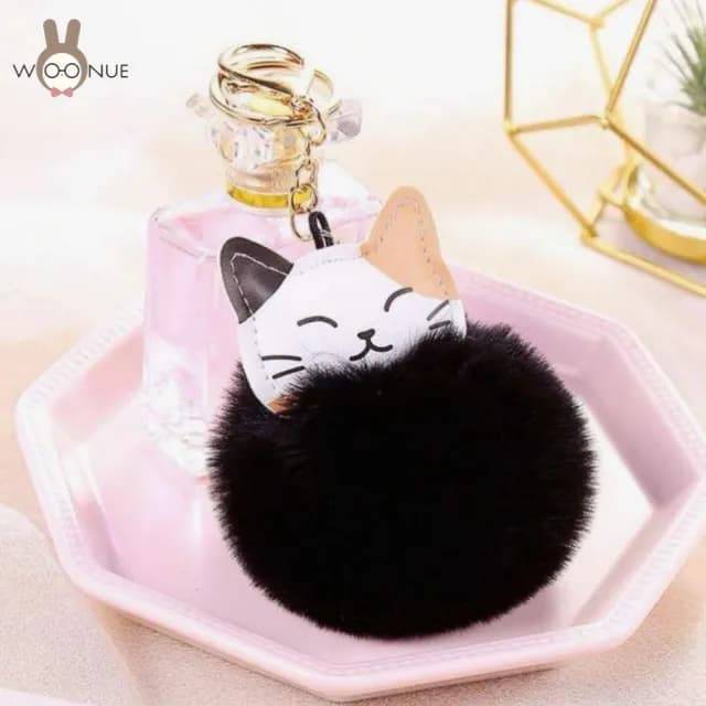 【WOONUE】高品質貓咪皮革絨毛球金桃花動物鑰匙圈扣掛飾(兒童女兒情人節朋友愛貓婚禮小物生日禮物)