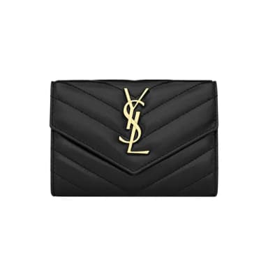 【YSL】414404 黑 金字 V紋荔枝牛皮(翻蓋零錢包)