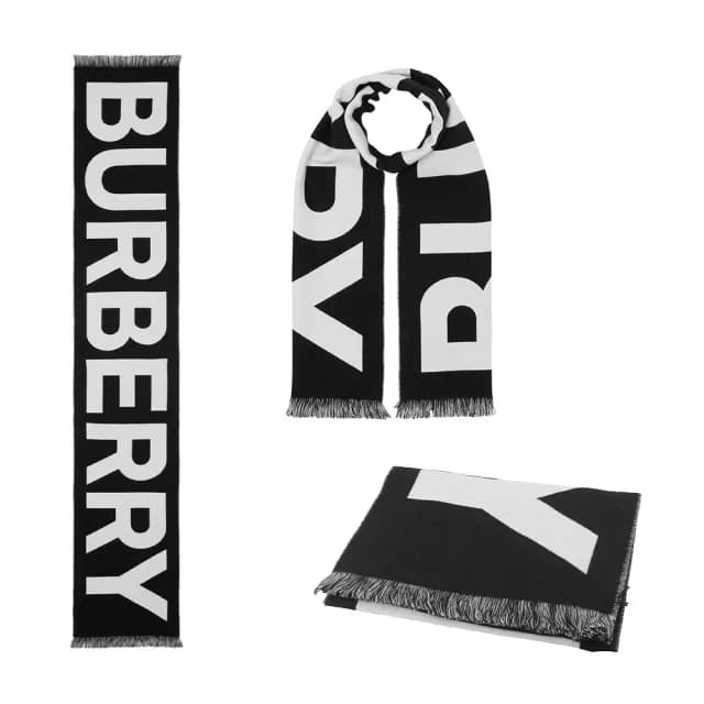 【BURBERRY 巴寶莉】經典字母LOGO 黑白 撞色 羊毛 圍巾(8054214)
