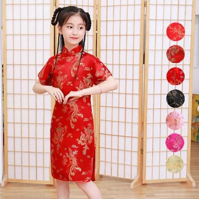 【橘魔法】短袖中國風刺繡開岔旗袍洋裝(旗袍 拍照 攝影 古裝 抓週 新衣 過年 大紅 新年 女童 童裝 兒童)