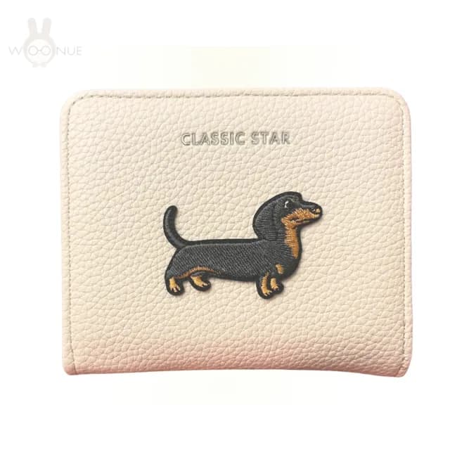 【WOONUE】高質感少女臘腸狗布鏽短皮夾多功能名片卡夾零錢包(情人老婆聖誕女兒母親生日節禮物)