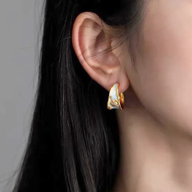 【LEESA】情人節禮物 復古耳環\法式耳環\C型耳環\耳環\珐琅耳環\手工耳環\耳圈\氣質耳環\耳飾\耳勾\花朵耳