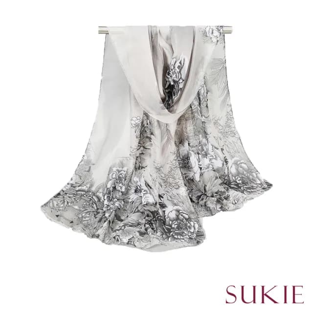 【Sukie】雪紡紗圍巾 印花圍巾/典雅牡丹印花50X150雪紡紗圍巾(4色任選)