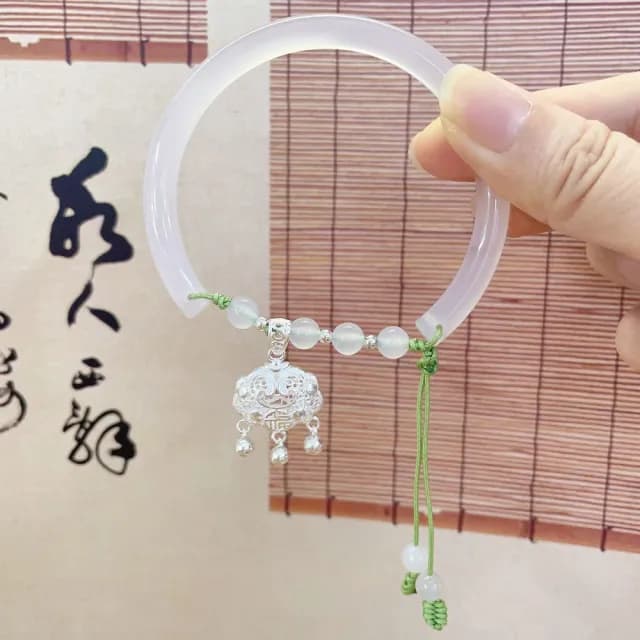 【LEESA】情人節禮物 白玉髓手鐲\鈴鐺手鐲\純銀手鍊\手鐲\平安鎖手鍊\玉手鍊\招財手鍊\保平安\編織手鍊\小