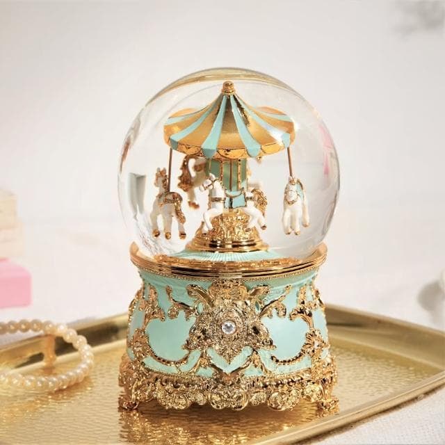 【JARLL讚爾藝術】蒂芬妮藍金 旋轉木馬 水晶球音樂盒(生日情人告白 結婚 聖誕禮物)