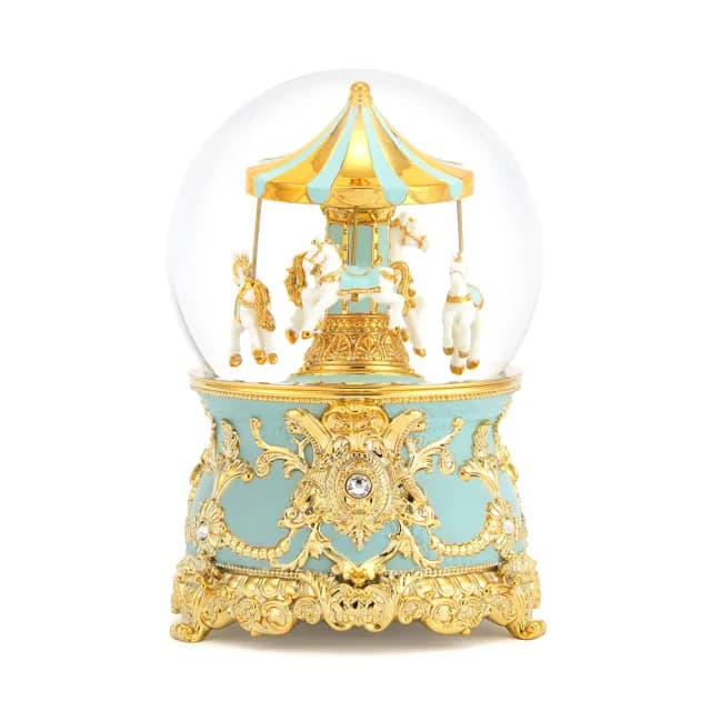【JARLL讚爾藝術】蒂芬妮藍金 旋轉木馬 水晶球音樂盒(生日情人告白 結婚 聖誕禮物)