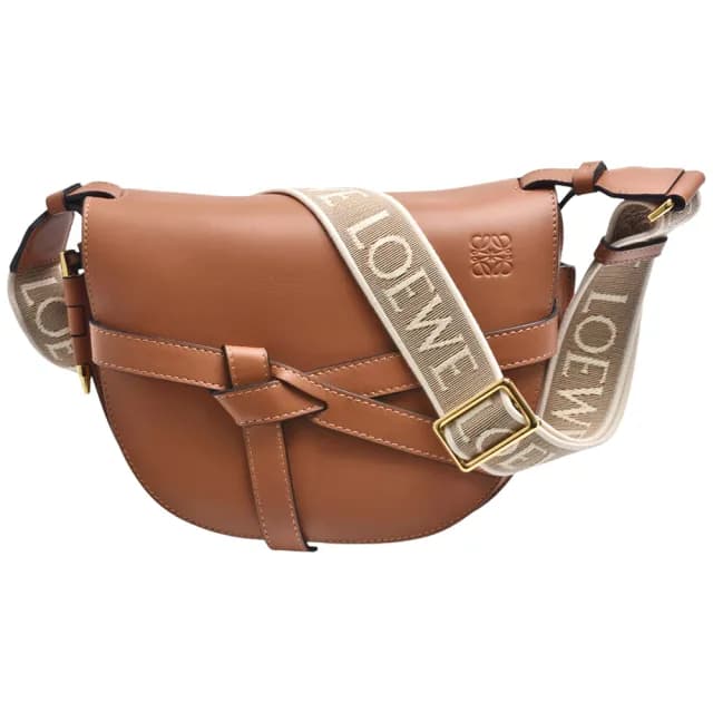 【LOEWE 羅威】經典Gate Dual系列柔軟小牛皮掀蓋織帶斜背包(小-棕褐色A650T20X40-2530)