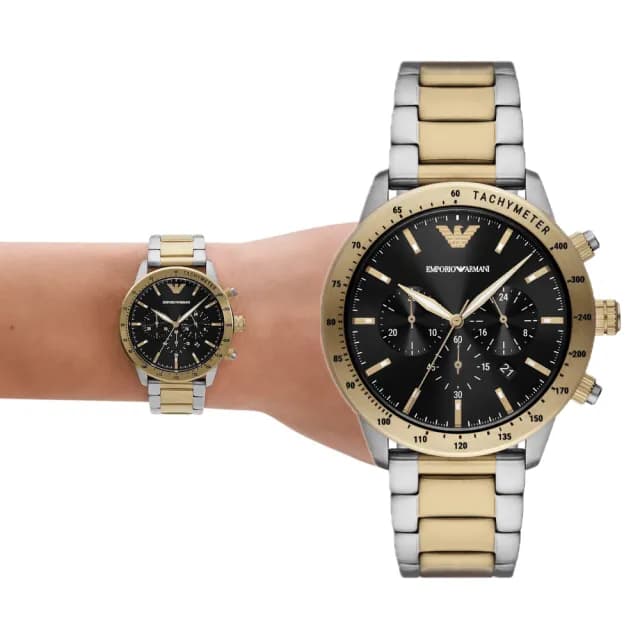 【EMPORIO ARMANI 官方直營】Mario 雋永本色計時手錶 銀色 x 金色不鏽鋼鍊帶 43MM AR11521
