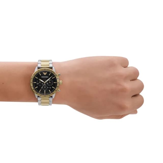 【EMPORIO ARMANI 官方直營】Mario 雋永本色計時手錶 銀色 x 金色不鏽鋼鍊帶 43MM AR11521