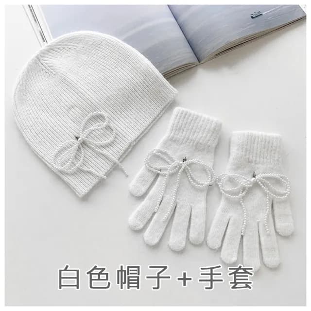 【HaNA 梨花】韓國東大門現貨採購可可愛愛．珍珠蝴蝶結搭配一組唷針織羊毛手套圍巾組合(現+預)