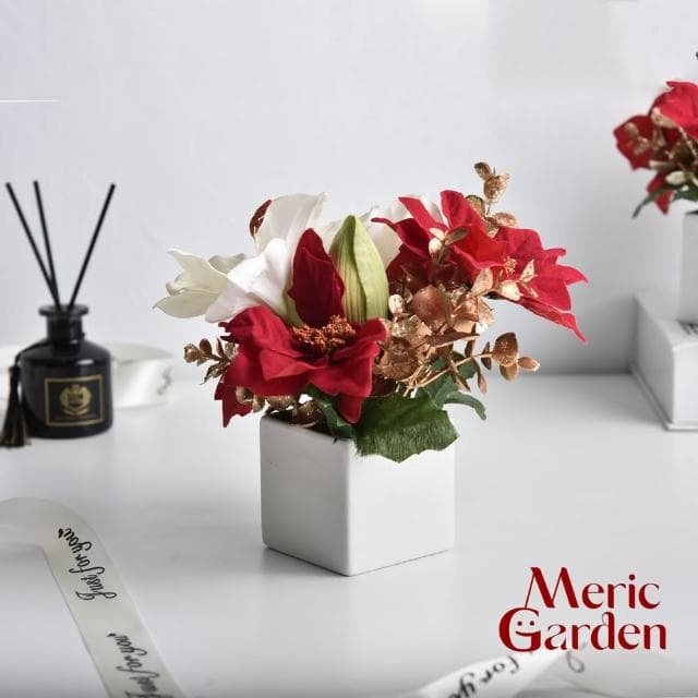 【Meric Garden】高仿真台灣手工限定白雪聖誕紅小盆栽1入組(人造聖誕 聖誕裝飾 聖誕禮盒 交換禮物)