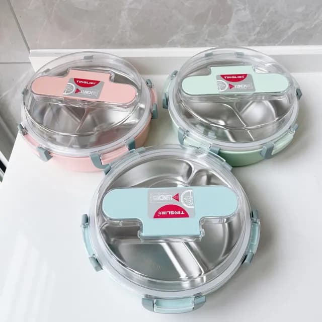 【Cookee】圓形帶蓋304不銹鋼飯盒 密封便當盒 帶餐具三格學生 交換禮物(午餐盒 保鮮盒 食品儲存盒)