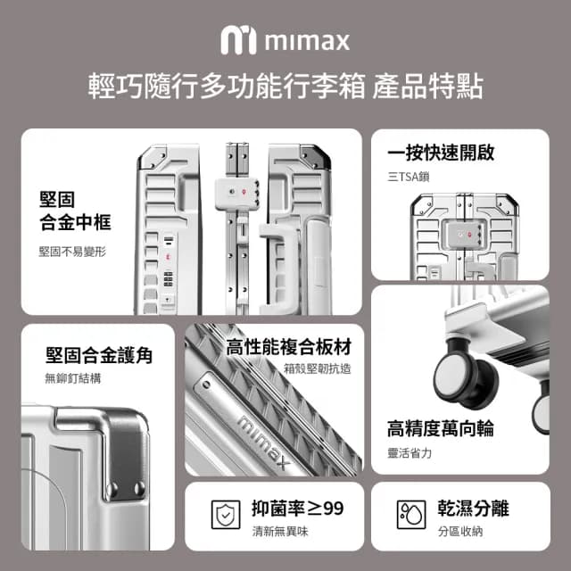 【米覓 mimax】輕巧隨行多功能行李箱 18吋(行李箱 拉桿箱 旅行箱 USB充電設計 鋁框 小米生態鍵)