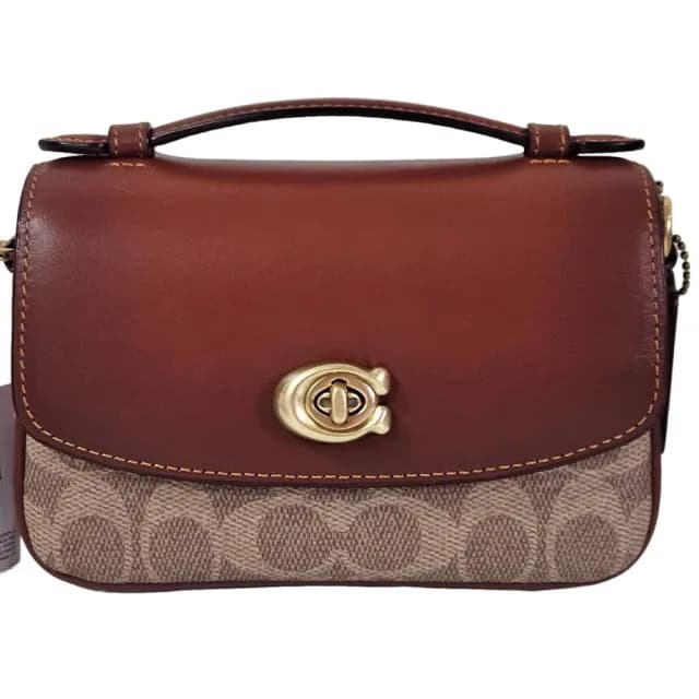 【COACH】CASSIE 17 經典 SIGNATURE 帆布雙背帶斜背手袋(咖啡荖花/贈原廠防塵袋紙袋七夕情人節)