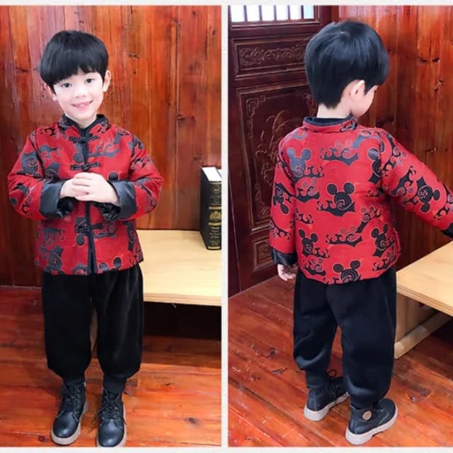 【橘魔法】古風圖騰上衣棉襖+縮口褲(套裝 褲子 拜年服 大紅 過年 新年 唐裝 漢服 中國風 男童 兒童 童裝)