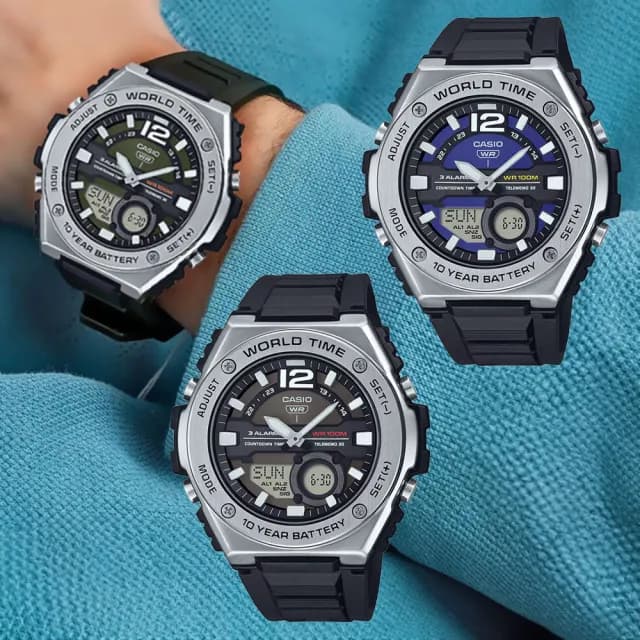【CASIO 卡西歐】MWQ-100 世界時間 碼錶 金屬感 陽光芒圈 運動旅遊 高雅氣質大膽中性 指針錶 電子錶 手錶