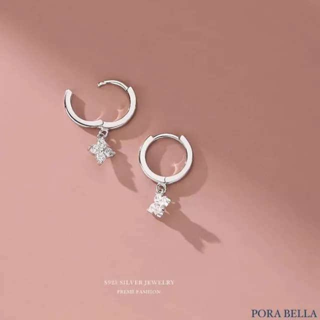 【Porabella】925純銀花卉扣耳 四葉草耳飾耳環 鑲鑽扣耳 高級感耳飾 耳飾 Earrings