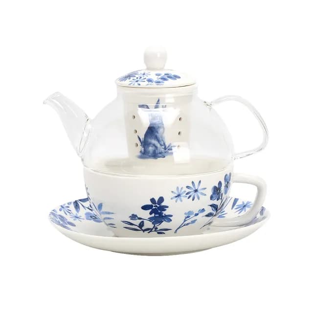 【沐森活】青花瓷兔子造型子母壺禮盒(一杯一壺一盤/泡茶器/下午茶具/茶壺)