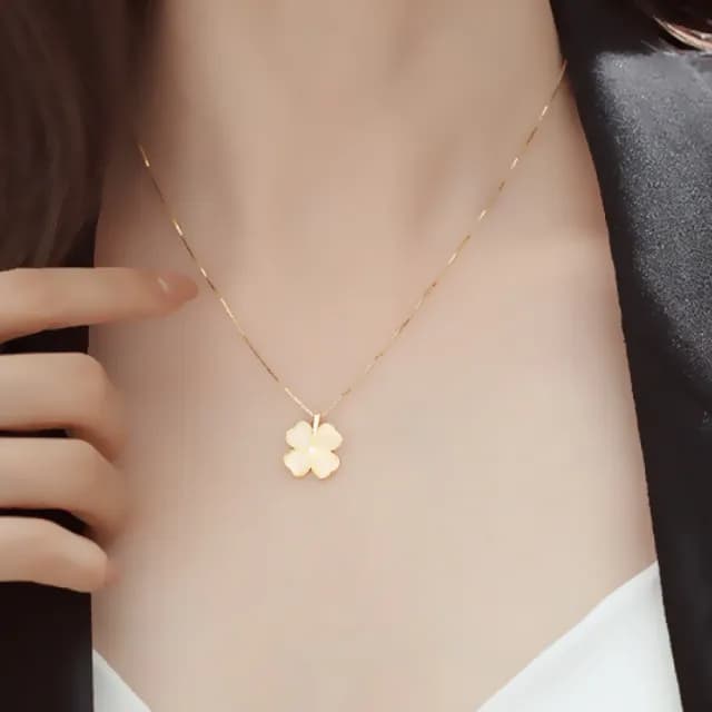 【開運飾品】925純銀拋光晶石金幸運草項鍊(四葉草 貓眼石 好運 鎖骨鍊 短鍊 禮服 日常)