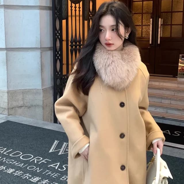 【巴黎精品】現貨+預購 羊毛大衣毛呢外套(保暖狐狸毛圍巾韓版寬鬆圓領法式女外套3色a1ik43)