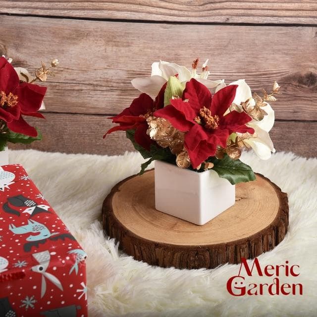 【Meric Garden】高仿真台灣手工限定白雪聖誕紅小盆栽1入組(人造聖誕 聖誕裝飾 聖誕禮盒 交換禮物)