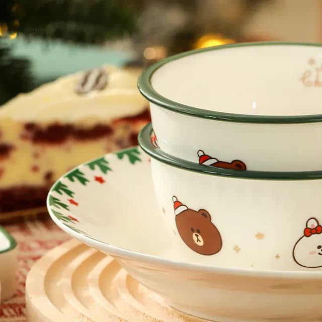 【LINE FRIENDS】熊大莎莉季節限定款聖誕陶瓷餐盤餐碗5件組(聖誕交換禮物)