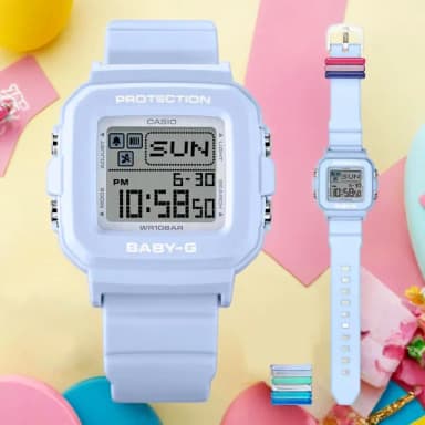 【CASIO 卡西歐】BABY-G 隨附6個繽紛錶帶環 像素動畫手錶 送禮 禮物 推薦(BGD-10L-2)