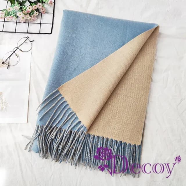【Decoy】雙面純色  秋冬流蘇保暖圍巾(海藍)