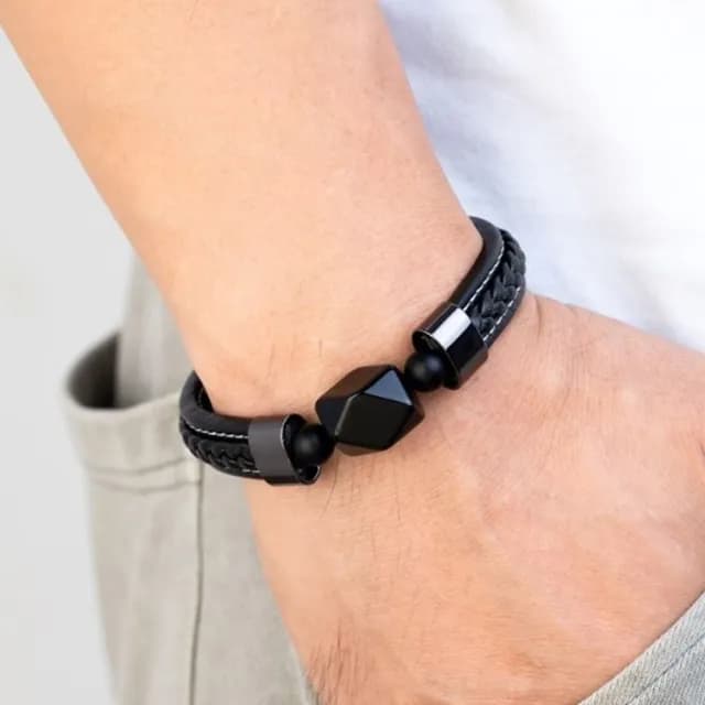 【Penny珮妮】男款菱形天然黑瑪瑙皮革手鐲手鍊2尺寸可選(父親節/生日禮物/送男友/交換禮物/情人節)
